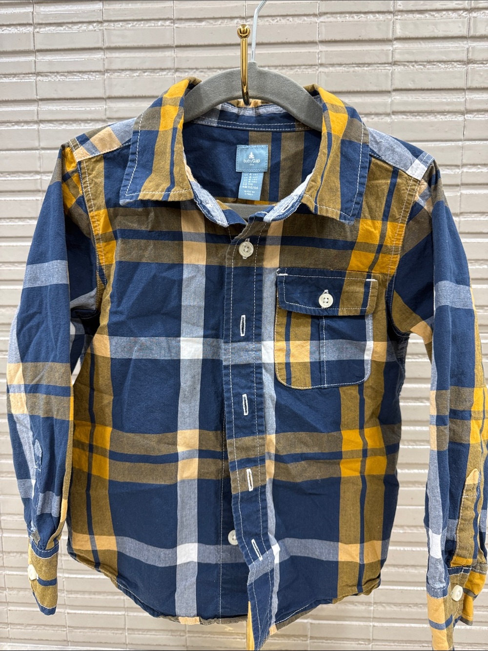 GAP Boys Navy & Mustard Plaid Button-Down Shirt